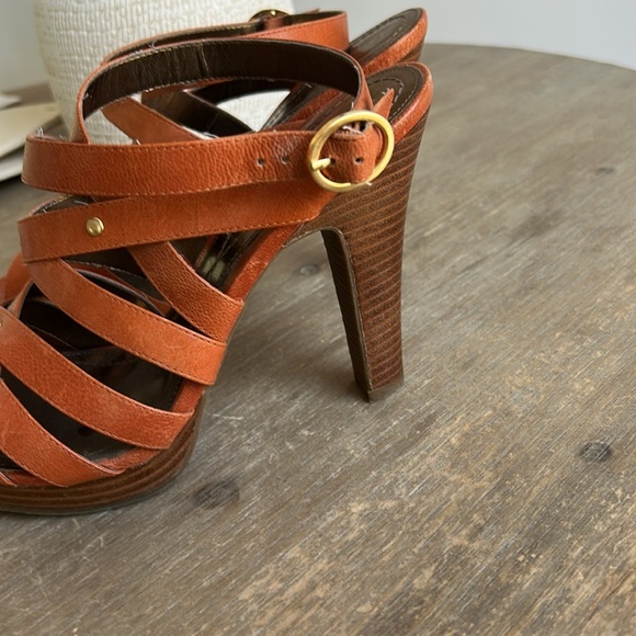 Enzo Angiolini Tan Leather High Heel Sandals with Gold Stud Details - Picture 7 of 15